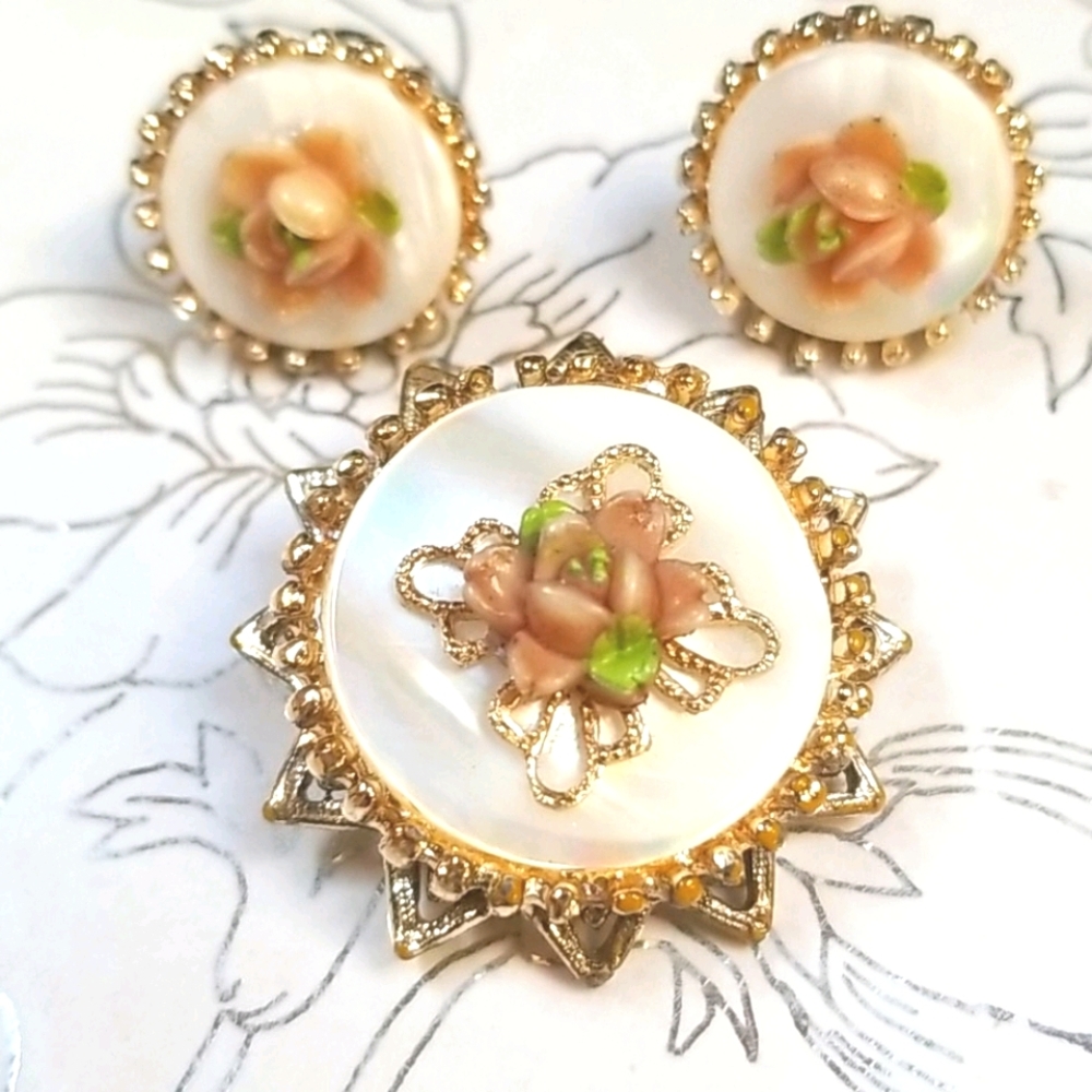 Vintage Mother of Pearl Brooch and Earring Set
